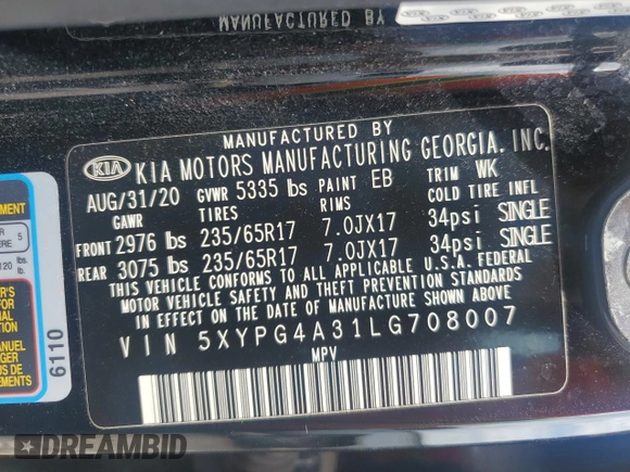 2020 Kia Sorento L with VIN 5XYPG4A31LG708007, listed as a Copart auction lot 47434395 with 50,759 mi miles and Salvage Title. Bid and sale history available at carsss.com. Image 13.