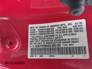 2005 Honda Element EX with VIN 5J6YH28645L005105, listed as a IAAI auction lot 41875280 with 322,509 mi miles and . Bid and sale history available at DreamBid. Image 9.