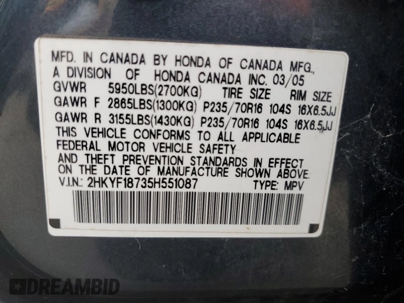 2005 Honda Pilot EX-L z VIN 2HKYF18735H551087, wystawiony jako Copart lot #53953665 z przebiegiem Nie podano mil oraz Szkoda całkowita • Salvage title. Historia ofert i sprzedaży dostępna na DreamBid. Obrazek 14.