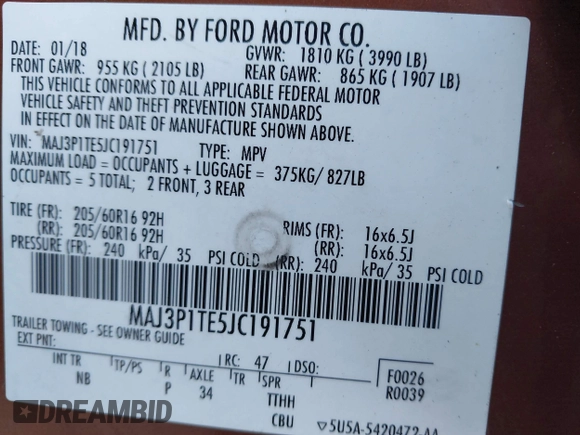 2018 Ford EcoSport SE with VIN MAJ3P1TE5JC191751, listed as a IAAI auction lot 41395768 with 146,506 mi miles. Bid and sale history available at carsss.com. Image 9.