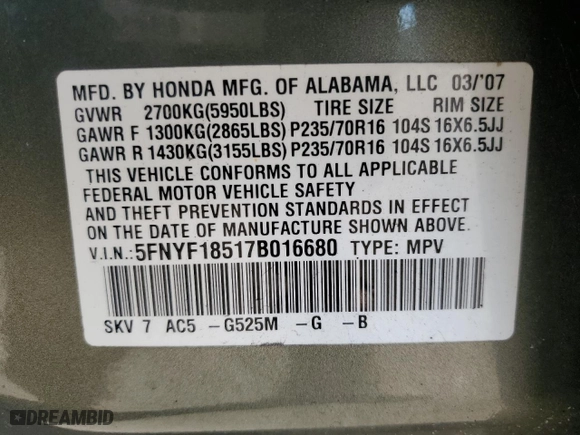 2007 Honda Pilot EX-L with VIN 5FNYF18517B016680, listed as a Copart auction lot 48534565 with 138,703 mi miles and Salvage Title. Bid and sale history available at carsss.com. Image 13.
