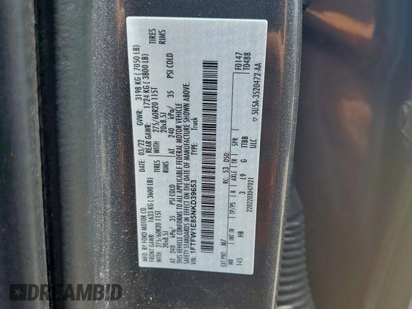 2022 Ford F-150 XL z VIN 1FTFW1E85NKD39653, wystawiony jako Copart lot #64597525 z przebiegiem 86 694 mil mil oraz Szkoda całkowita • Salvage title. Historia ofert i sprzedaży dostępna na DreamBid. Obrazek 12.