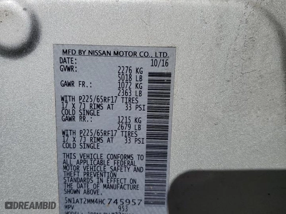 2017 Nissan Rogue S with VIN 5N1AT2MM4HC745957, listed as a Copart auction lot 51261915 with 154,810 mi miles and Salvage Title. Bid and sale history available at carsss.com. Image 13.