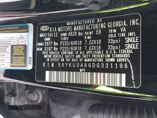 2013 Kia Sorento EX with VIN 5XYKU3A66DG331196, listed as a IAAI auction lot 41714474 with 139,250 mi miles and . Bid and sale history available at DreamBid. Image 9.