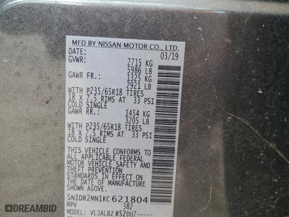 2019 Nissan Pathfinder SV with VIN 5N1DR2MN1KC621804, listed as a Copart auction lot 53904365 with 43,144 mi miles and Salvage Title. Bid and sale history available at carsss.com. Image 13.