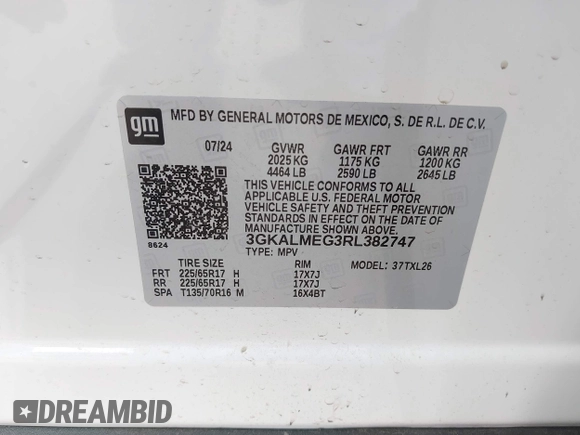 2024 GMC Terrain SLE z VIN 3GKALMEG3RL382747, wystawiony jako IAAI lot #41568279 z przebiegiem 9222 mil mil oraz . Historia ofert i sprzedaży dostępna na DreamBid. Obrazek 9.