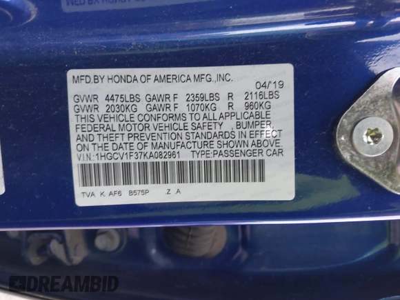 2019 Honda Accord Sport with VIN 1HGCV1F37KA082961, listed as a IAAI auction lot 41834095 with 44,167 mi miles and . Bid and sale history available at carsss.com. Image 9.