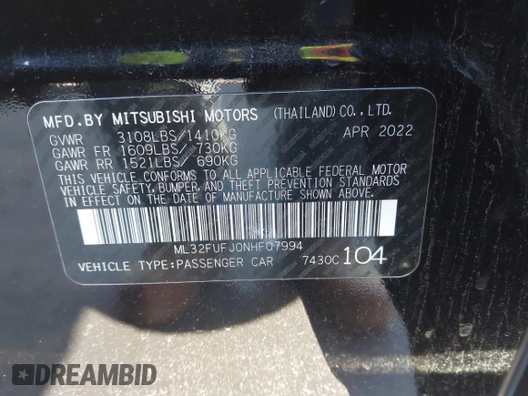 2022 Mitsubishi Mirage ES z VIN ML32FUFJ0NHF07994, wystawiony jako IAAI lot #41062919 z przebiegiem 8 058 mil mil oraz . Historia ofert i sprzedaży dostępna na DreamBid. Obrazek 9.