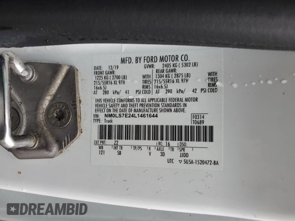 2020 Ford Transit Connect XL with VIN NM0LS7E24L1461644, listed as a Copart auction lot 58180305 with Not provided miles and Salvage title. Bid and sale history available at DreamBid. Image 13.
