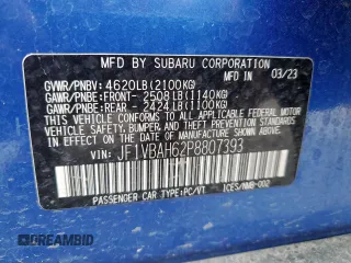 2023 Subaru WRX Premium with VIN JF1VBAH62P8807393, listed as a Copart auction lot 58950245 with 20,639 mi miles and Salvage title. Bid and sale history available at DreamBid. Image 13.