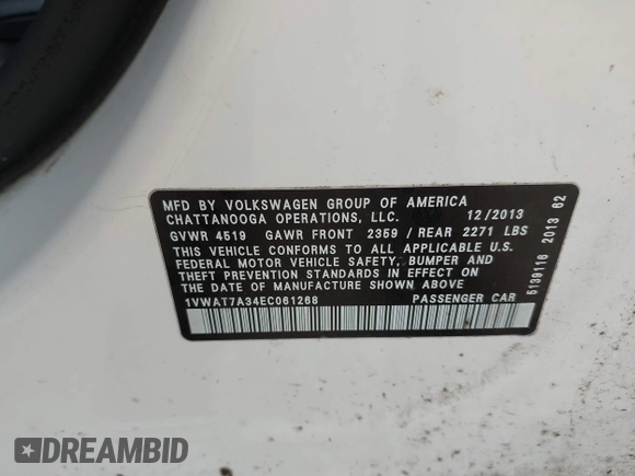 2014 Volkswagen Passat S с VIN 1VWAT7A34EC061268, выставлен на аукционе IAAI как лот 42288756 с пробегом 104 477 миль миль и . История ставок и продаж доступна на DreamBid. Изображение 9.
