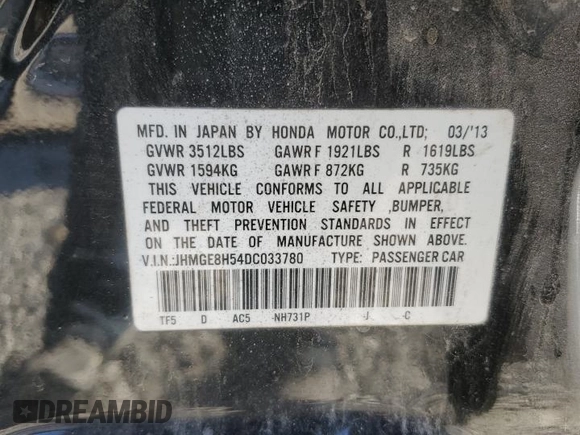 2013 Honda Fit Sport with VIN JHMGE8H54DC033780, listed as a Copart auction lot 79557204 with 67,384 mi miles and Clean Title. Bid and sale history available at carsss.com. Image 12.