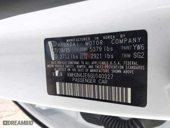 2016 Hyundai Genesis 3.8L with VIN KMHGN4JE6GU140327, listed as a IAAI auction lot 41623499 with 72,942 mi miles. Bid and sale history available at carsss.com. Image 9.