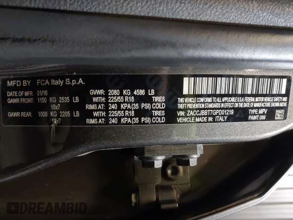 2016 Jeep Renegade Latitude with VIN ZACCJBBT7GPD01219, listed as a IAAI auction lot 41806111 with 100,807 mi miles. Bid and sale history available at carsss.com. Image 9.
