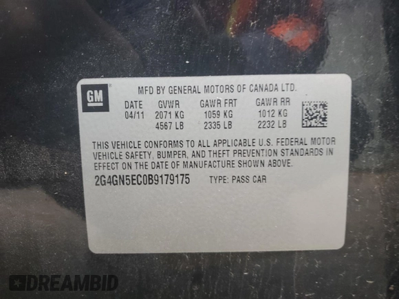 2011 Buick Regal CXL RL1 with VIN 2G4GN5EC0B9179175, listed as a Copart auction lot 87272024 with 107,780 mi miles and Salvage Title. Bid and sale history available at DreamBid. Image 13.