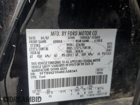 2008 Ford F-250 XL with VIN 1FTSW21R48EA88341, listed as a Copart auction lot 60872385 with 191,767 mi miles and Salvage title. Bid and sale history available at DreamBid. Image 12.