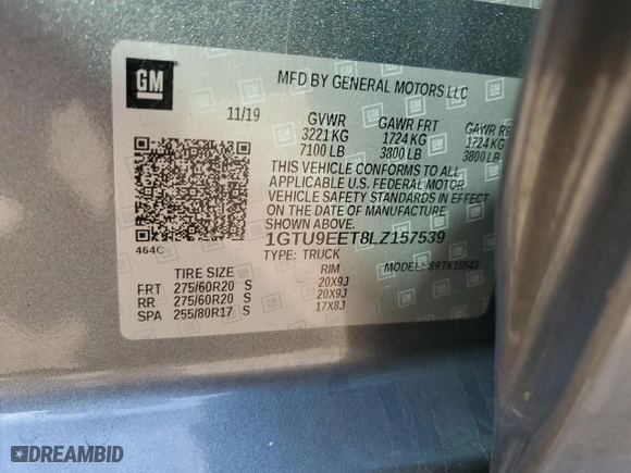 2020 GMC Sierra 1500 AT4 with VIN 1GTU9EET8LZ157539, listed as a Copart auction lot 78034614 with 0 mi miles and Salvage Title. Bid and sale history available at carsss.com. Image 12.