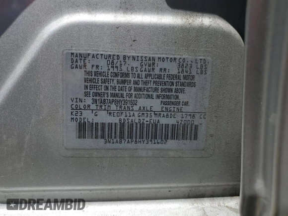 2017 Nissan Sentra SV z VIN 3N1AB7AP8HY391602, wystawiony jako Copart lot #58255545 z przebiegiem 69 405 mil mil oraz Szkoda całkowita • Salvage title. Historia ofert i sprzedaży dostępna na DreamBid. Obrazek 13.