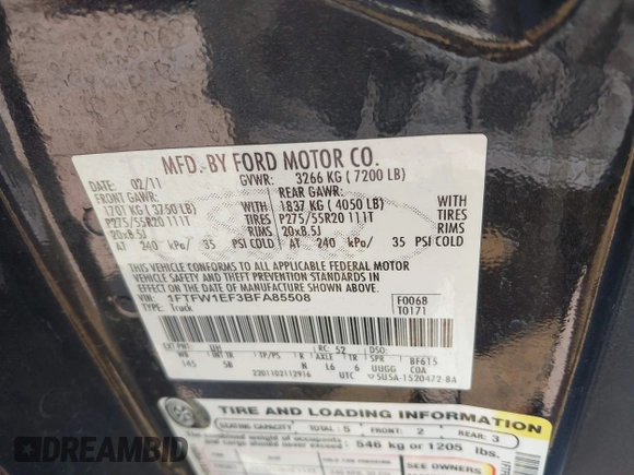 2011 Ford F-150 XL z VIN 1FTFW1EF3BFA85508, wystawiony jako IAAI lot #42620972 z przebiegiem 268 548 mil mil oraz . Historia ofert i sprzedaży dostępna na DreamBid. Obrazek 9.