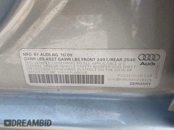 2010 Audi A4 Premium с VIN WAUBFAFL0AN028929, выставлен на аукционе IAAI как лот 42523521 с пробегом 97 591 миль миль и . История ставок и продаж доступна на DreamBid. Изображение 9.
