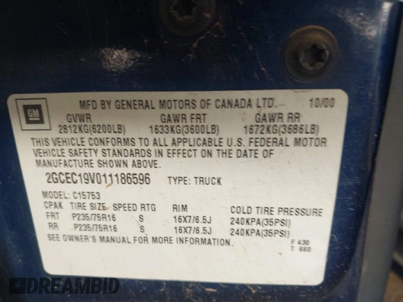 2001 Chevrolet Silverado 1500 LS with VIN 2GCEC19V011186596, listed as a IAAI auction lot 41927474 with 157,039 mi miles. Bid and sale history available at carsss.com. Image 9.