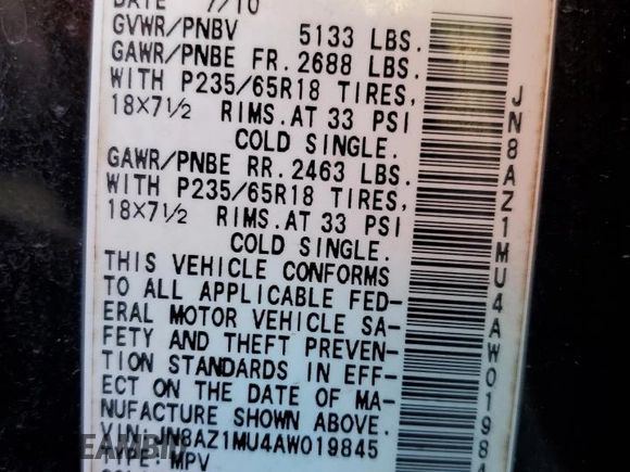 2010 Nissan Murano S with VIN JN8AZ1MU4AW019845, listed as a Copart auction lot 88907055 with 118,904 mi miles and Salvage Title. Bid and sale history available at carsss.com. Image 13.