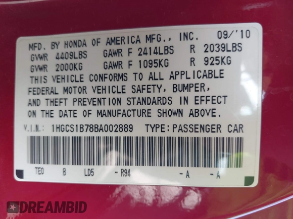 2011 Honda Accord EX with VIN 1HGCS1B78BA002889, listed as a IAAI auction lot 42448976 with 95,451 mi miles and . Bid and sale history available at DreamBid. Image 9.
