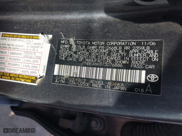 2007 Toyota Camry CE with VIN JTNBE46K873076886, listed as a IAAI auction lot 41780824 with 228,328 mi miles. Bid and sale history available at carsss.com. Image 9.