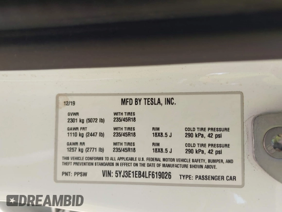 2020 Tesla Model 3 Long Range with VIN 5YJ3E1EB4LF619026, listed as a IAAI auction lot 41796901 with Not Provided miles and . Bid and sale history available at DreamBid. Image 8.