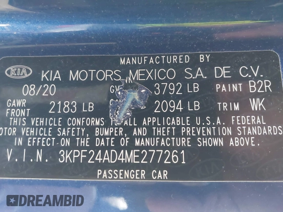 2021 Kia Forte LXS with VIN 3KPF24AD4ME277261, listed as a IAAI auction lot 42230195 with 86,515 mi miles and . Bid and sale history available at DreamBid. Image 9.