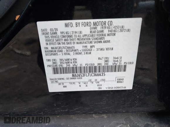2020 Ford EcoSport S with VIN MAJ6S3FL7LC366635, listed as a IAAI auction lot 41526268 with 64,374 mi miles and . Bid and sale history available at DreamBid. Image 9.
