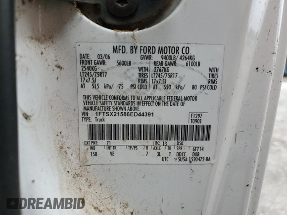2006 Ford F-250 XL с VIN 1FTSX21586ED44391, выставлен на аукционе Copart как лот 61177305 с пробегом 128 370 миль миль и Чистый • Clean title. История ставок и продаж доступна на DreamBid. Изображение 12.