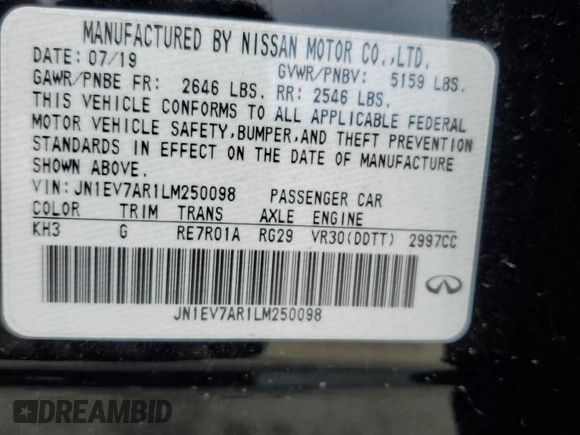 2020 Infiniti Q50 Luxe z VIN JN1EV7AR1LM250098, wystawiony jako Copart lot #50047065 z przebiegiem 40 447 mil mil oraz Szkoda całkowita • Salvage title. Historia ofert i sprzedaży dostępna na DreamBid. Obrazek 12.