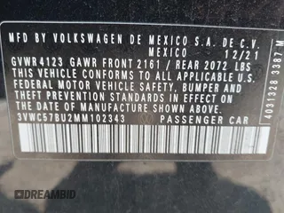 2021 Volkswagen Jetta S with VIN 3VWC57BU2MM102343, listed as a IAAI auction lot 42102193 with 33,205 mi miles and . Bid and sale history available at DreamBid. Image 9.