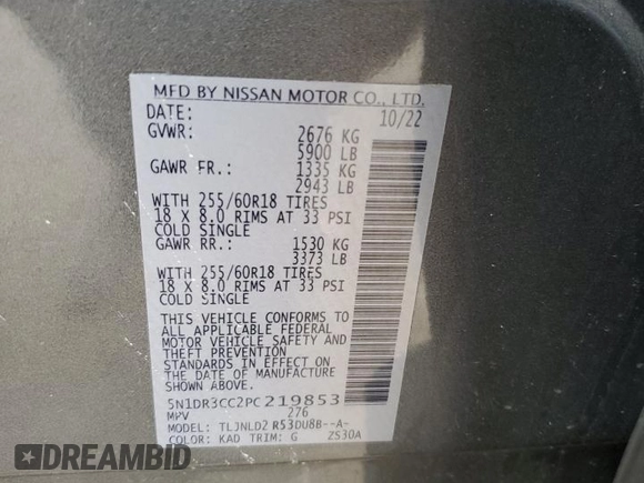 2023 Nissan Pathfinder SL z VIN 5N1DR3CC2PC219853, wystawiony jako Copart lot #47765435 z przebiegiem 30 511 mil mil oraz Szkoda całkowita • Salvage title. Historia ofert i sprzedaży dostępna na DreamBid. Obrazek 16.