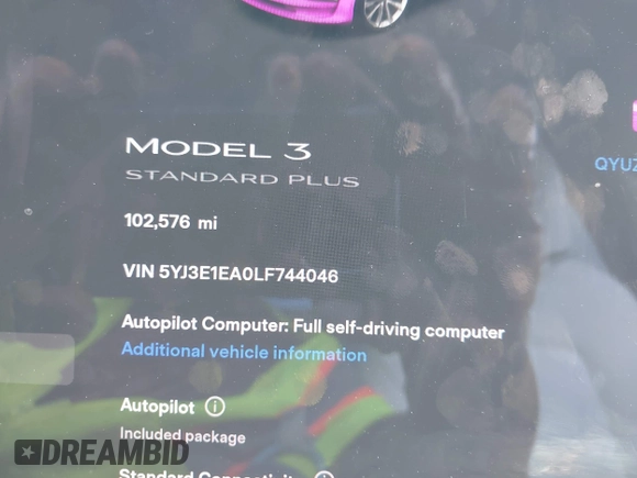 2020 Tesla Model 3 Standard Range Plus with VIN 5YJ3E1EA0LF744046, listed as a IAAI auction lot 41939894 with 102,576 mi miles. Bid and sale history available at carsss.com. Image 7.