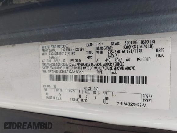 2015 Ford Transit Cargo with VIN 1FTNE1ZM6FKA18311, listed as a IAAI auction lot 41360162 with 149,897 mi miles. Bid and sale history available at carsss.com. Image 9.