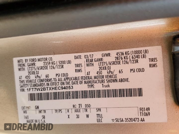 2017 Ford F-250 Lariat z VIN 1FT7W2BTXHEC94053, wystawiony jako Copart lot #61049155 z przebiegiem 57 994 mil mil oraz Szkoda całkowita • Salvage title. Historia ofert i sprzedaży dostępna na DreamBid. Obrazek 12.