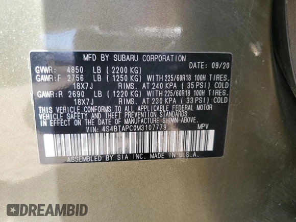 2021 Subaru Outback Touring with VIN 4S4BTAPC0M3107779, listed as a Copart auction lot 51864665 with 52,544 mi miles and Salvage title. Bid and sale history available at DreamBid. Image 15.