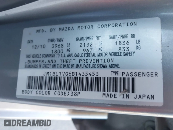 2011 Mazda 3 i Touring z VIN JM1BL1VG6B1435453, wystawiony jako IAAI lot #41740142 z przebiegiem 162 188 mil mil oraz . Historia ofert i sprzedaży dostępna na DreamBid. Obrazek 9.
