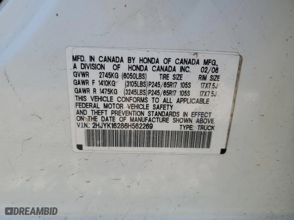 2006 Honda Ridgeline RT with VIN 2HJYK16286H562269, listed as a Copart auction lot 51868065 with 112,365 mi miles and Salvage Title. Bid and sale history available at carsss.com. Image 12.