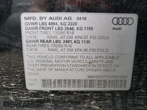 2016 Audi Q3 Premium Plus с VIN WA1EFCFS7GR023564, выставлен на аукционе Copart как лот 38619924 с пробегом 118 634 миль миль и Списание • Salvage title. История ставок и продаж доступна на DreamBid. Изображение 13.