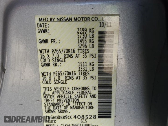 2012 Nissan Frontier SV с VIN 1N6AD0ER9CC408528, выставлен на аукционе Copart как лот 59989995 с пробегом 96 787 миль миль и Списание • Salvage title. История ставок и продаж доступна на DreamBid. Изображение 13.