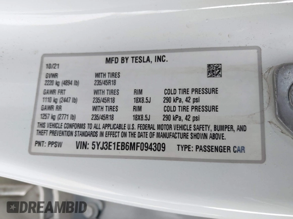 2021 Tesla Model 3 Long Range with VIN 5YJ3E1EB6MF094309, listed as a IAAI auction lot 41651475 with Not Provided miles. Bid and sale history available at carsss.com. Image 9.