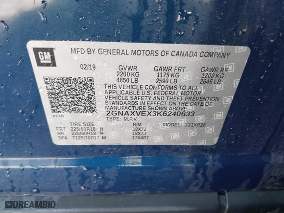 2019 Chevrolet Equinox LT with VIN 2GNAXVEX3K6240633, listed as a IAAI auction lot 41815997 with 80,824 mi miles. Bid and sale history available at carsss.com. Image 9.