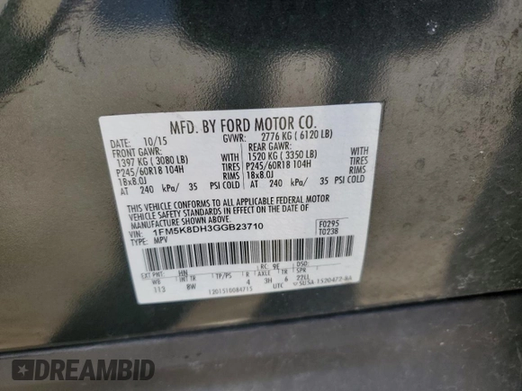 2016 Ford Explorer XLT z VIN 1FM5K8DH3GGB23710, wystawiony jako Copart lot #83703234 z przebiegiem Nie podano mil oraz Szkoda całkowita • Salvage title. Historia ofert i sprzedaży dostępna na DreamBid. Obrazek 15.