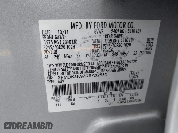 2012 Ford Edge Limited with VIN 2FMDK3K97CBA32533, listed as a IAAI auction lot 41846715 with 183,649 mi miles. Bid and sale history available at carsss.com. Image 9.