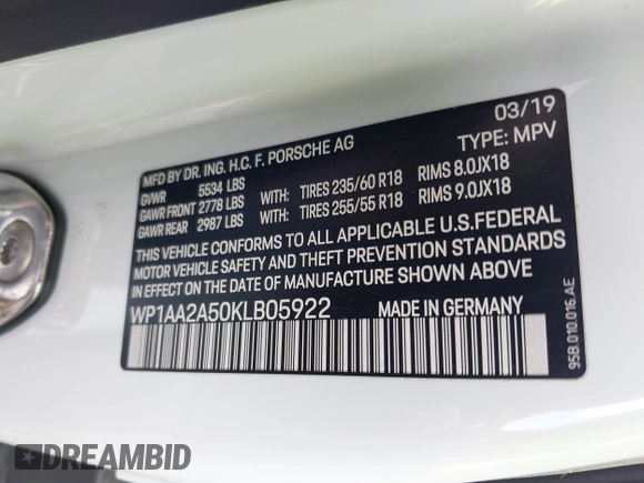 2019 Porsche Macan z VIN WP1AA2A50KLB05922, wystawiony jako IAAI lot #42013711 z przebiegiem Nie podano mil oraz . Historia ofert i sprzedaży dostępna na DreamBid. Obrazek 9.