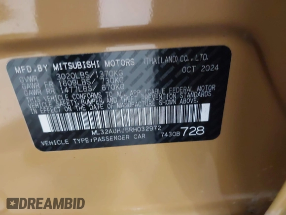 2024 Mitsubishi Mirage ES z VIN ML32AUHJ5RH032972, wystawiony jako IAAI lot #41755304 z przebiegiem 1 055 mil mil oraz . Historia ofert i sprzedaży dostępna na DreamBid. Obrazek 9.