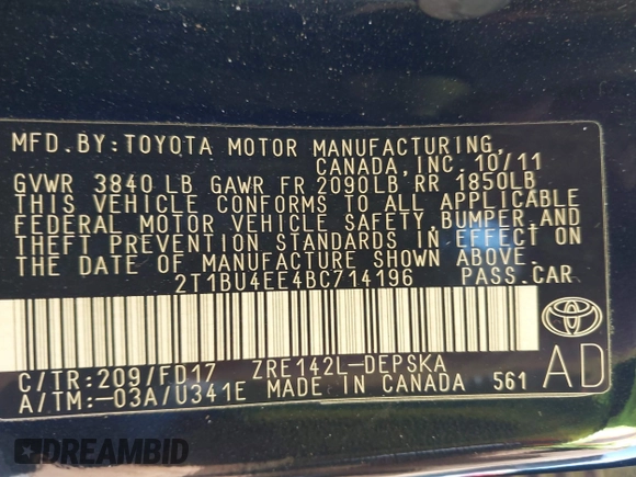 2011 Toyota Corolla L with VIN 2T1BU4EE4BC714196, listed as a IAAI auction lot 41759473 with 128,946 mi miles. Bid and sale history available at carsss.com. Image 9.